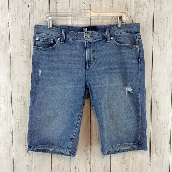 Gap Light Indigo Blue 9” Bermuda Short Denim Jeans Distressed Mid-Rise Size 30 - Picture 1 of 8